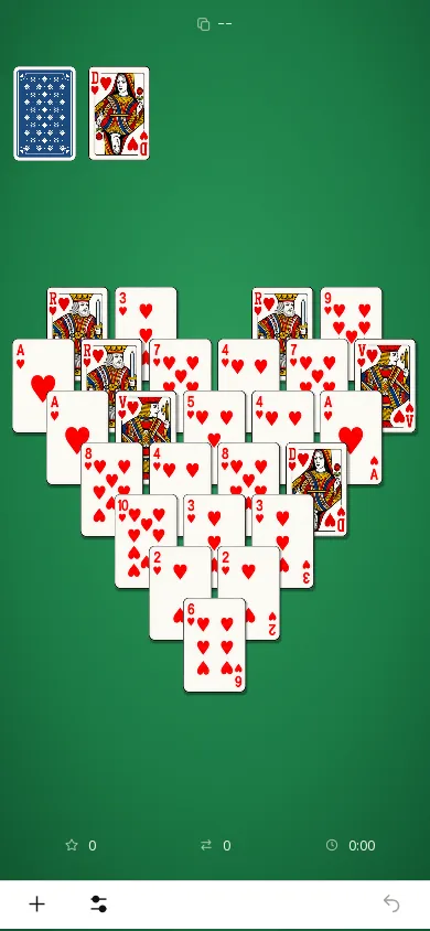 Heart to Heart sur téléphone tenu à la verticale, début de partie sur le tapis vert : 25 cartes de cœur en forme de cœur, la pioche et la défausse en haut à gauche ; temps 0:00, score 0, 0 coup.