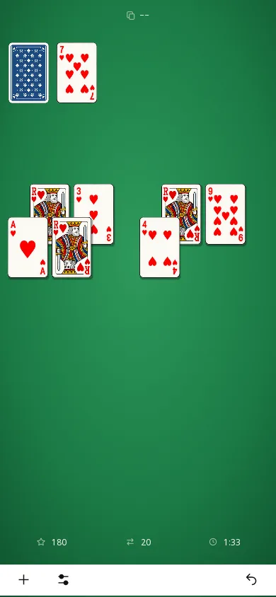 Heart to Heart sur téléphone à la verticale, partie avancée : 18 cartes du cœur retirées, score 180, 20 coups, temps 1:33.